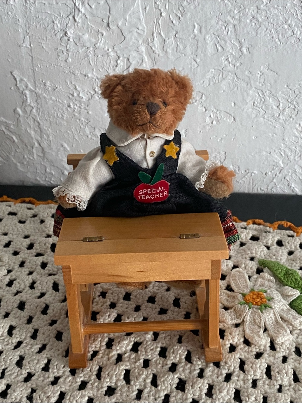 Vintage Plush ‘Special Teacher’ Mini Bear And Wooden Desk Great For Doll Houses